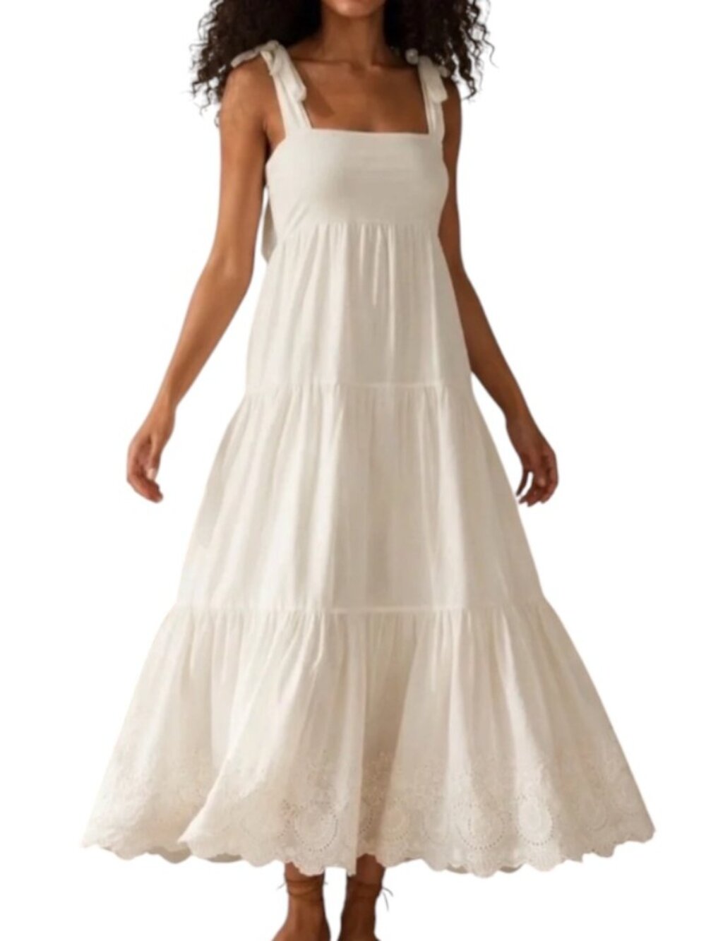 Jason Wu Tiered Cotton Eyelet Maxi Dress Ivory Large White Summer Shoulder Tie
